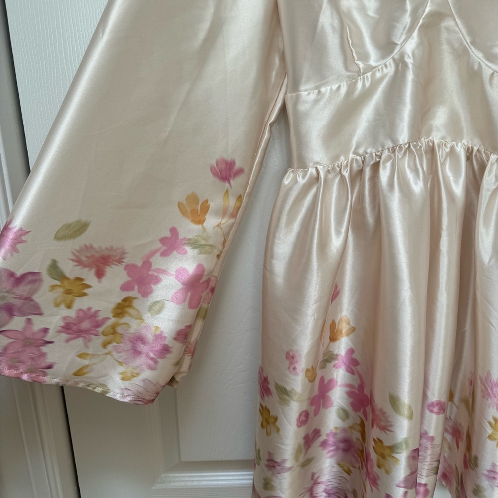 Satin Floral Knotted Ruffle Mini Dress - Picture 2 of 6